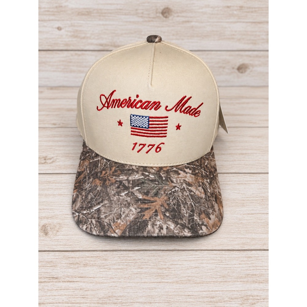 American Made 1776 Camo Brim Patriotic Trucker Hat Tan Camouflage NWT